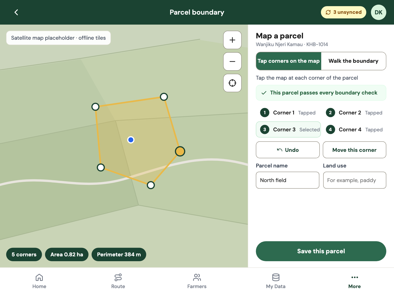 Carbon Field: a parcel boundary drawn on a map with area and perimeter