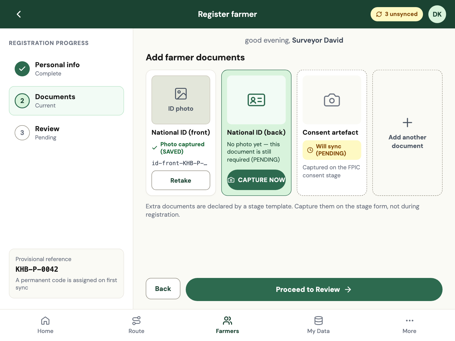 Farmer registration screen with a progress rail and document capture tiles