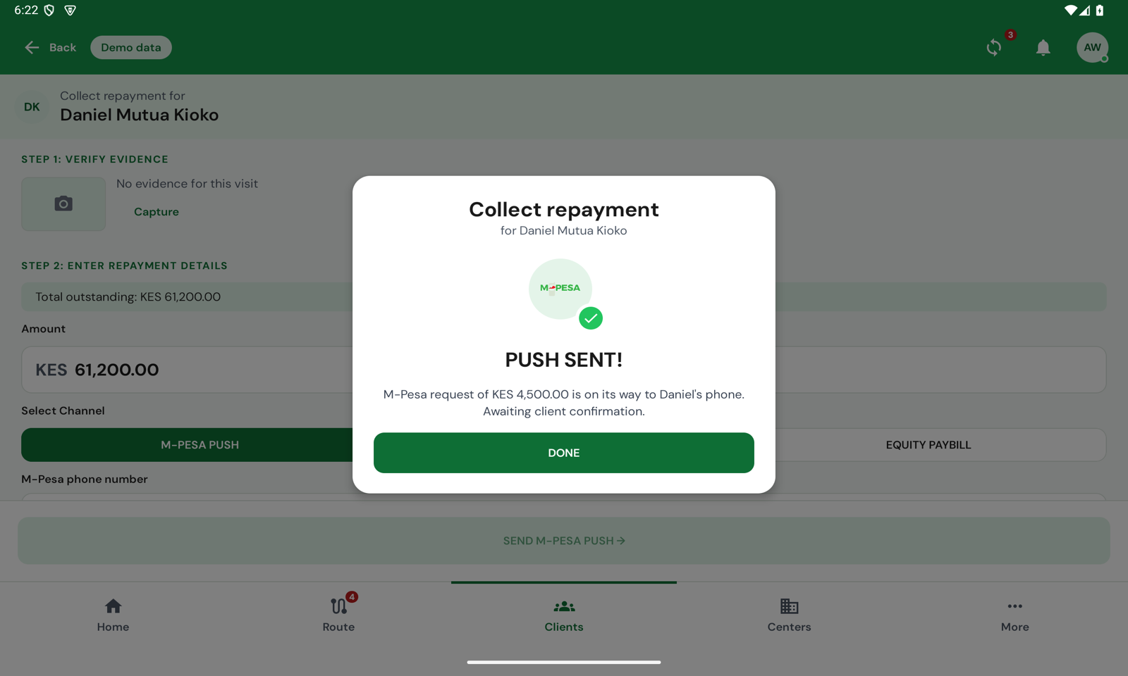 Daniel's loan page opened again: the pane shows the push already on his phone, not a second form