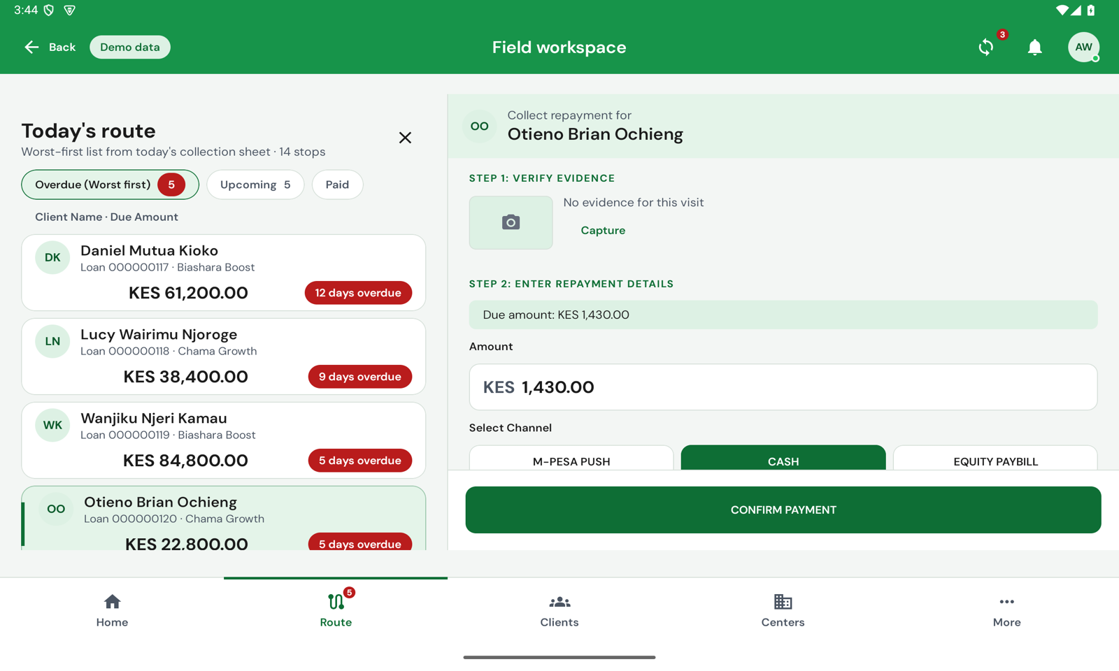 Collect repayment pane for Otieno Brian Ochieng beside the route: step 1 evidence, step 2 amount and channel with CASH chosen, step 3 confirm