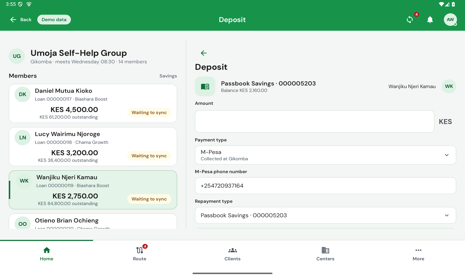 Deposit pane beside the meeting: Passbook Savings 000005203, balance KES 2,160.00, amount, payment type M-Pesa and the member's phone number