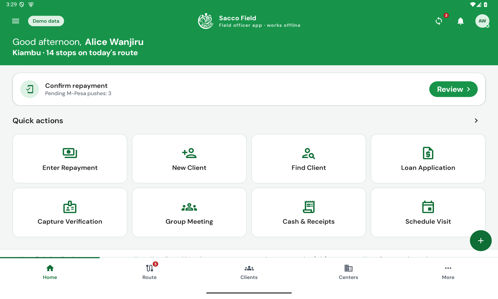Sacco Field Home screen on a tablet: the officer's greeting, pending M-Pesa pushes and eight quick actions