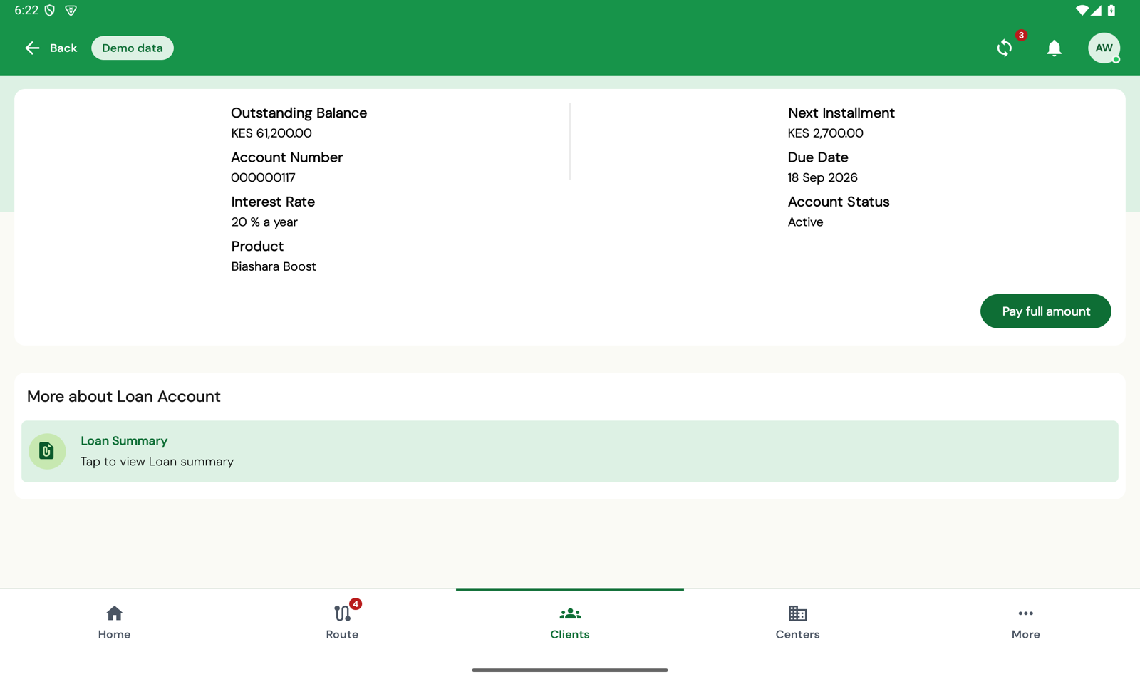 A loan page: outstanding balance, account number, interest rate, product, next instalment and due date, with Pay full amount