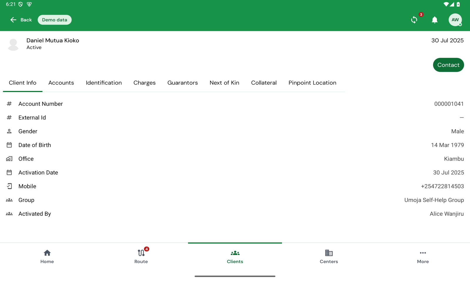 The member's file on the Client Info tab, with tabs for accounts, identification, charges, guarantors, next of kin, collateral and pinpoint location