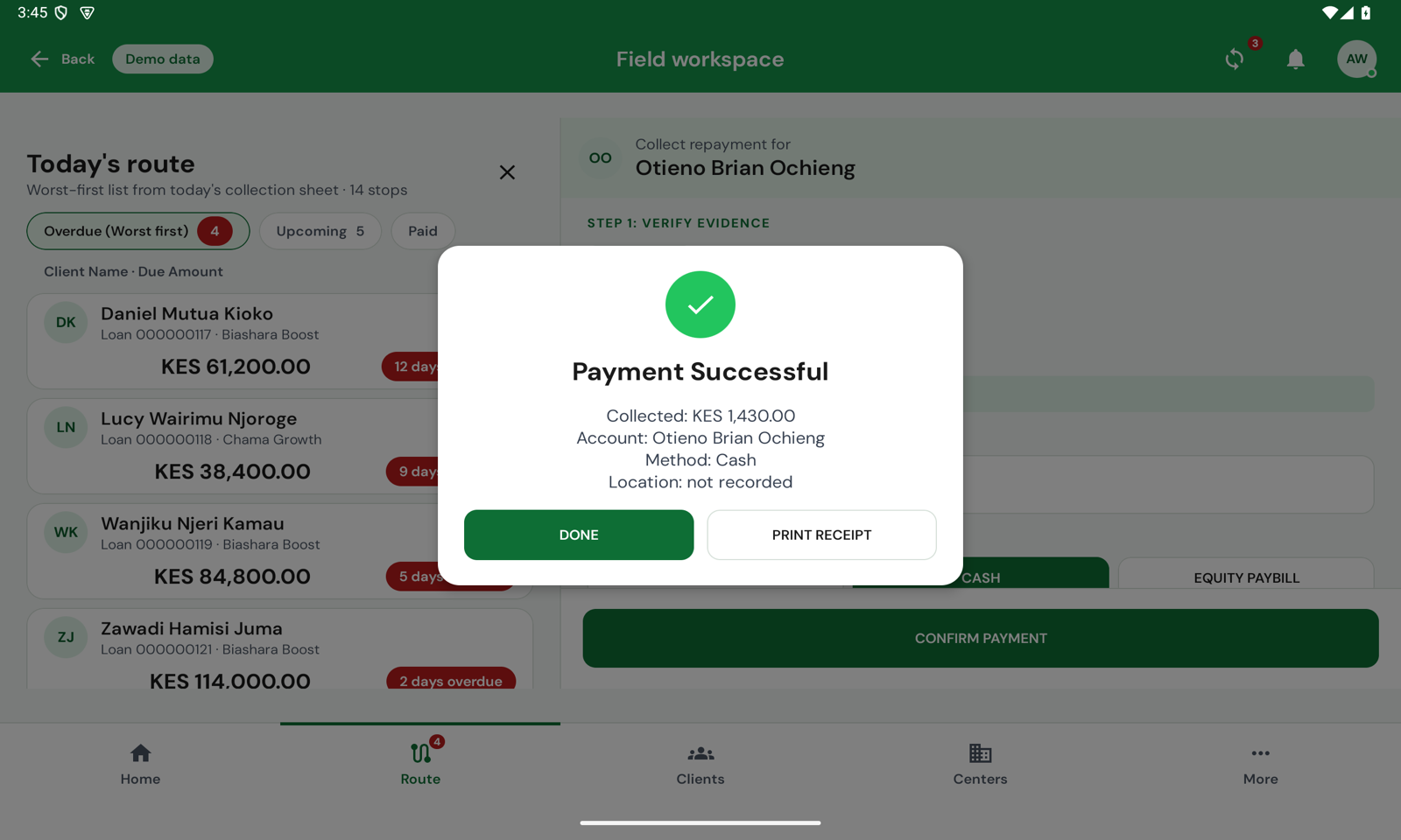 Payment Successful dialog: collected KES 1,430.00, account Otieno Brian Ochieng, method cash, with DONE and PRINT RECEIPT