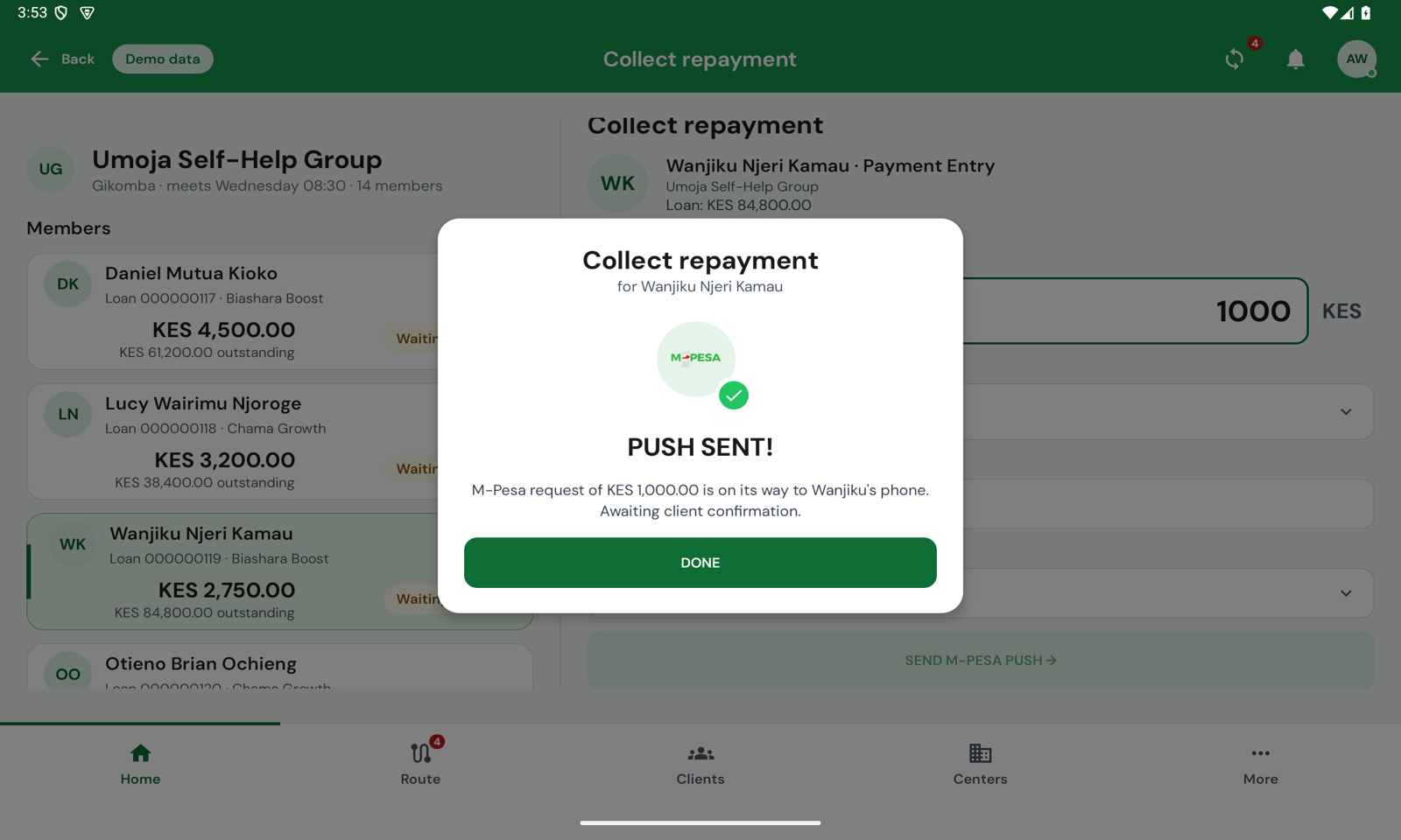 PUSH SENT! dialog: an M-Pesa request of KES 1,000.00 on its way to Wanjiku's phone, awaiting client confirmation