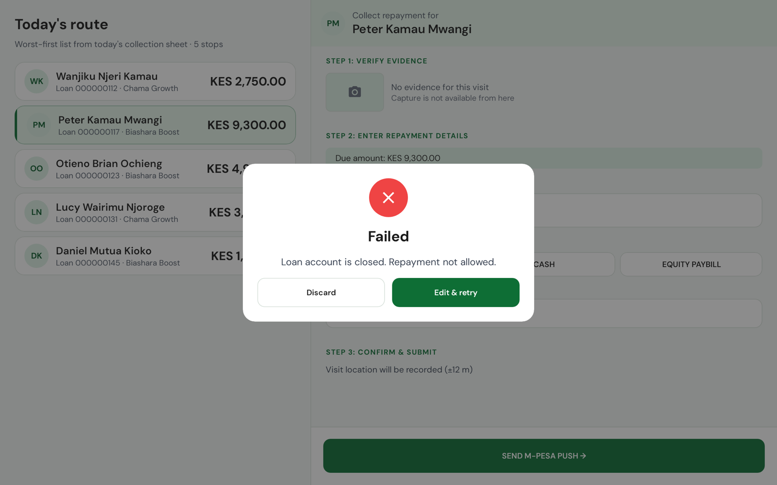 Failed: the server's own reason, with Edit and retry or Discard