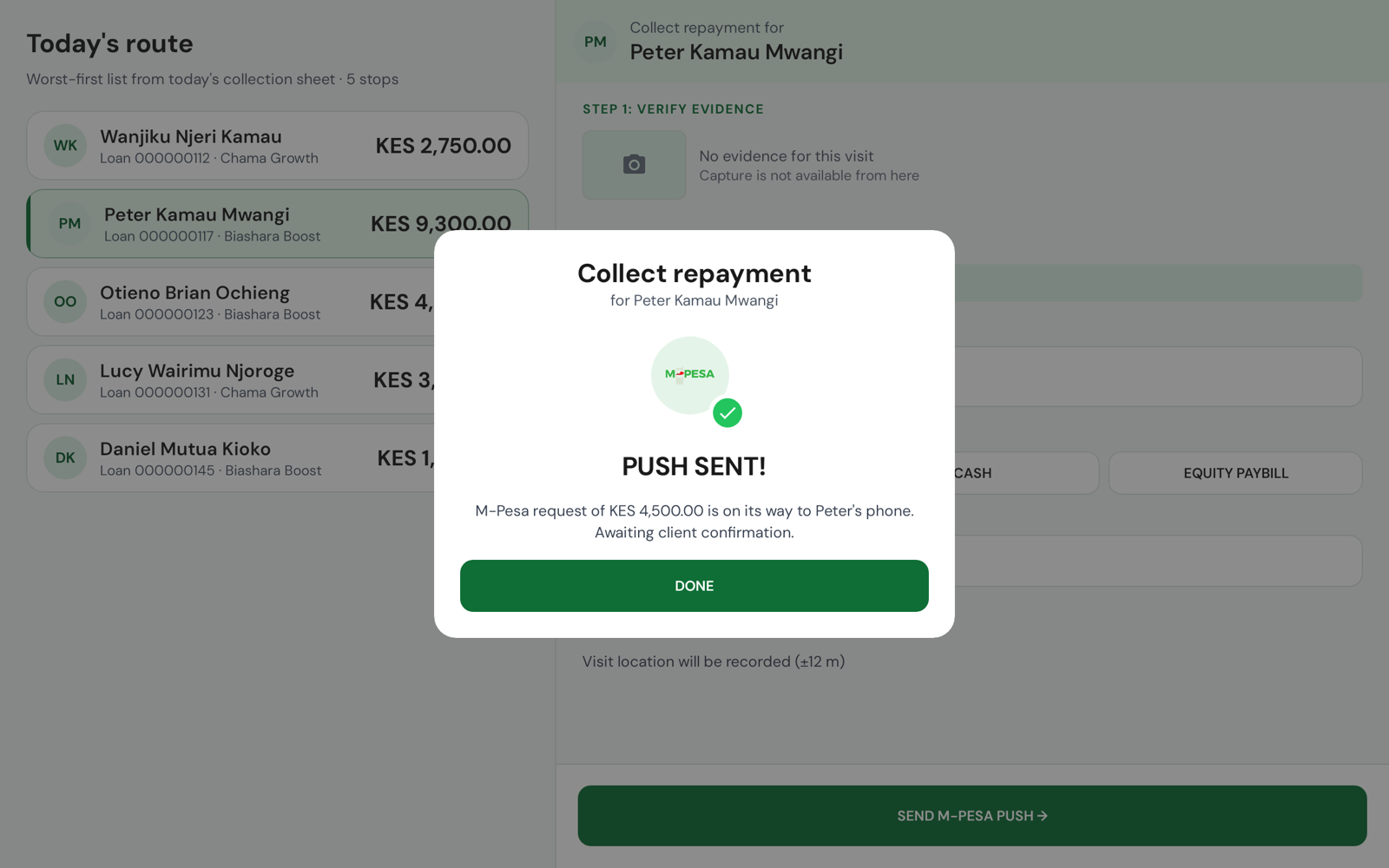PUSH SENT: the M-Pesa request is on its way to the member's phone