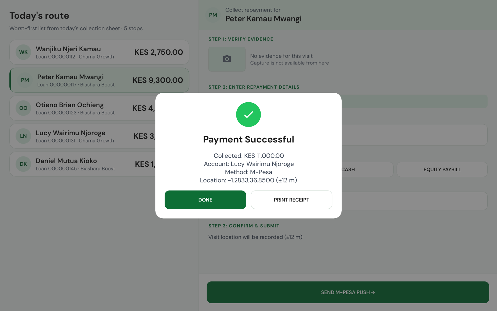 Payment Successful: collected, account, method and location, with a receipt