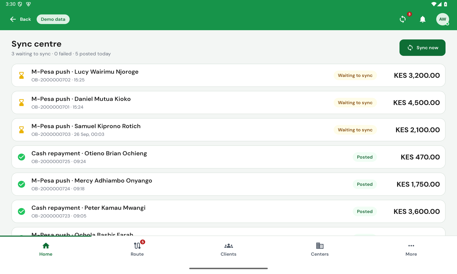 Sync centre: three M-Pesa pushes waiting to sync, the morning's five payments posted, each with its OB reference, time and amount
